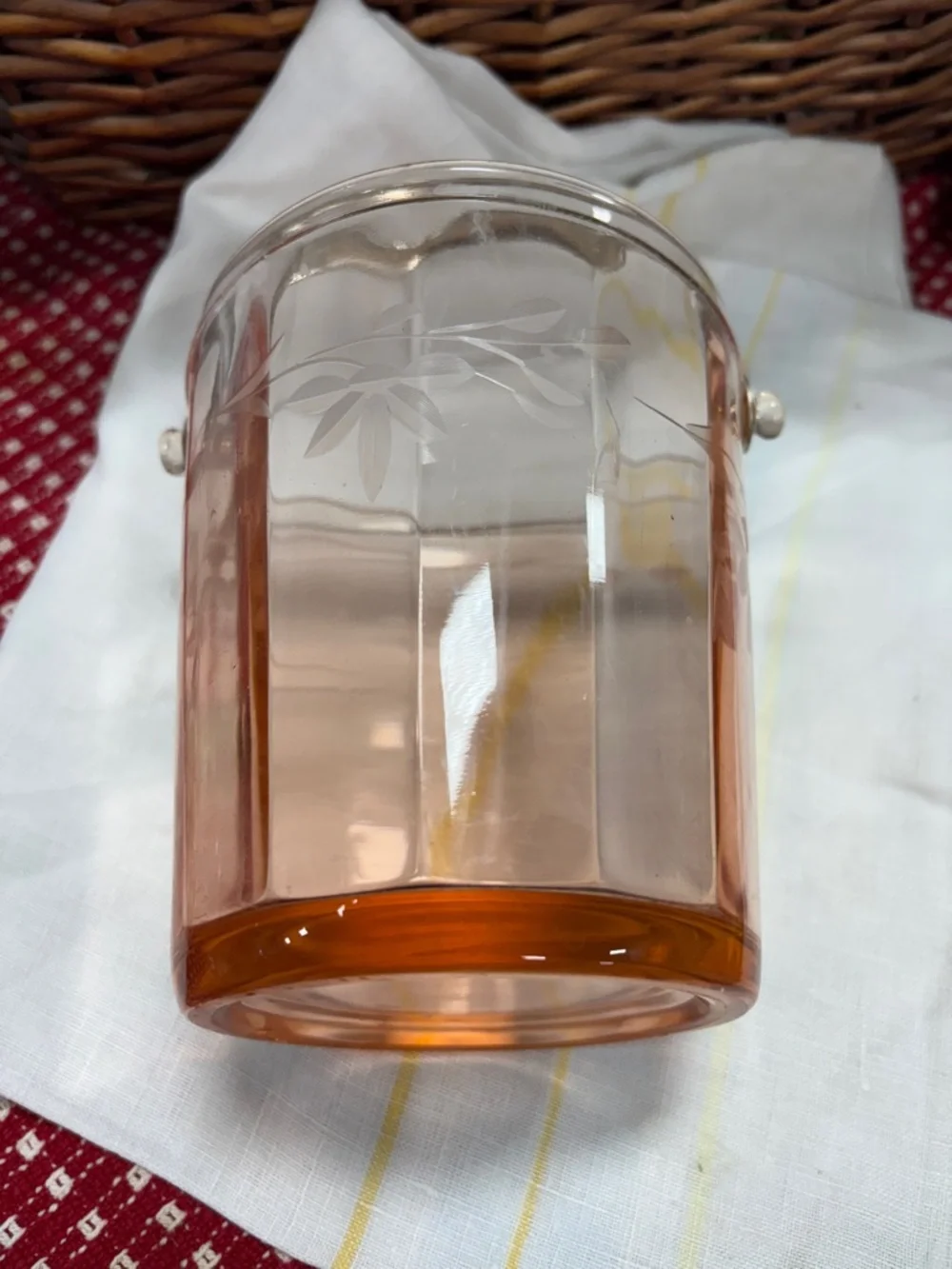 Pink Etched Glass Ice Bucket with Silver Handle